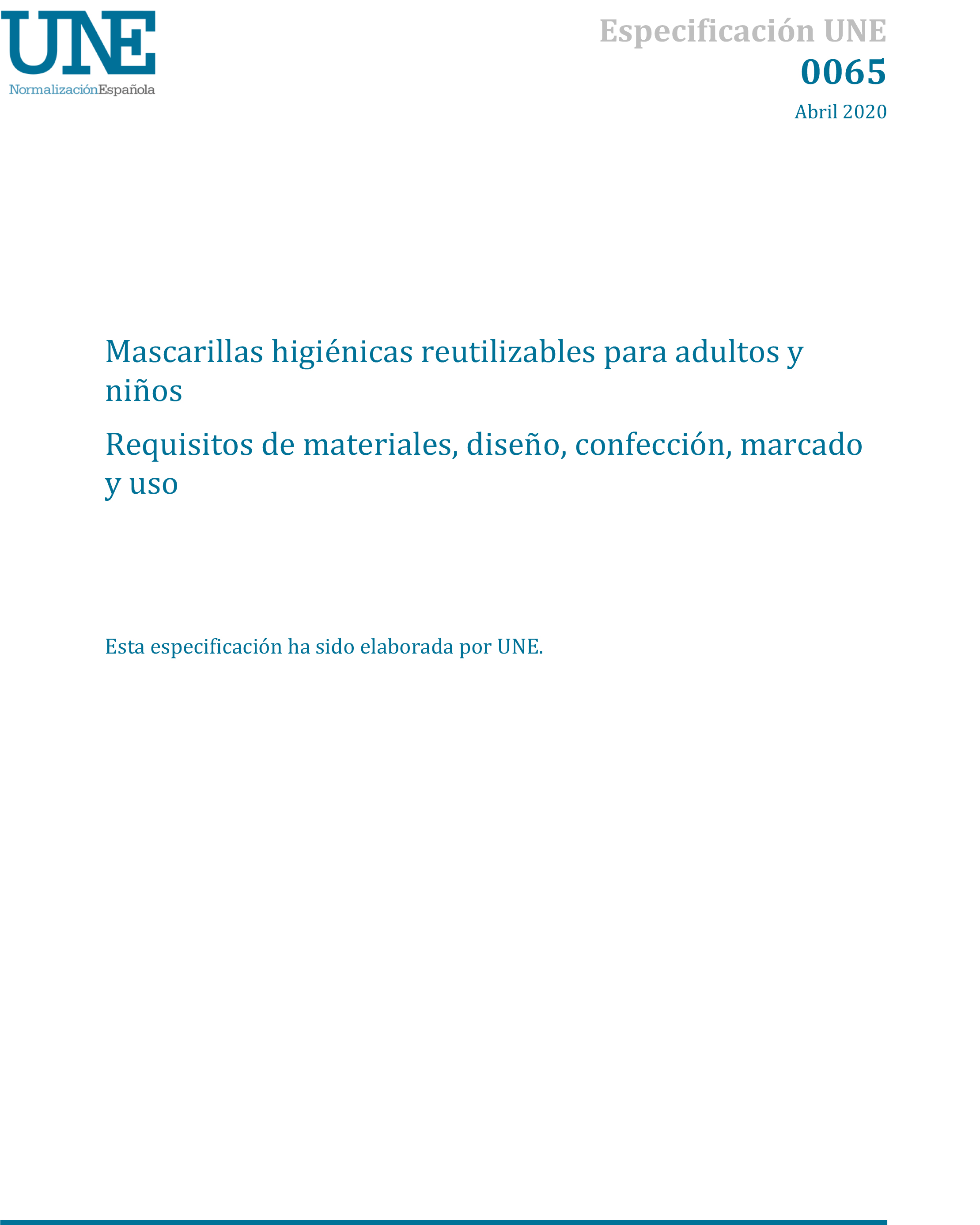 Norma UNE 0065 Requisitos mascarillas higiénicas reutilizables
